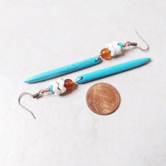 Coastal Cowgirl! Beaded Bracelet + 3" Earring Set: Howlite Spikes + Agate Beads - Picture 11 of 13